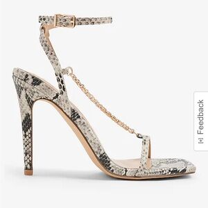 Express square toe Chain Strap High Heeled snake print Sandals Heels NWT 10 sexy